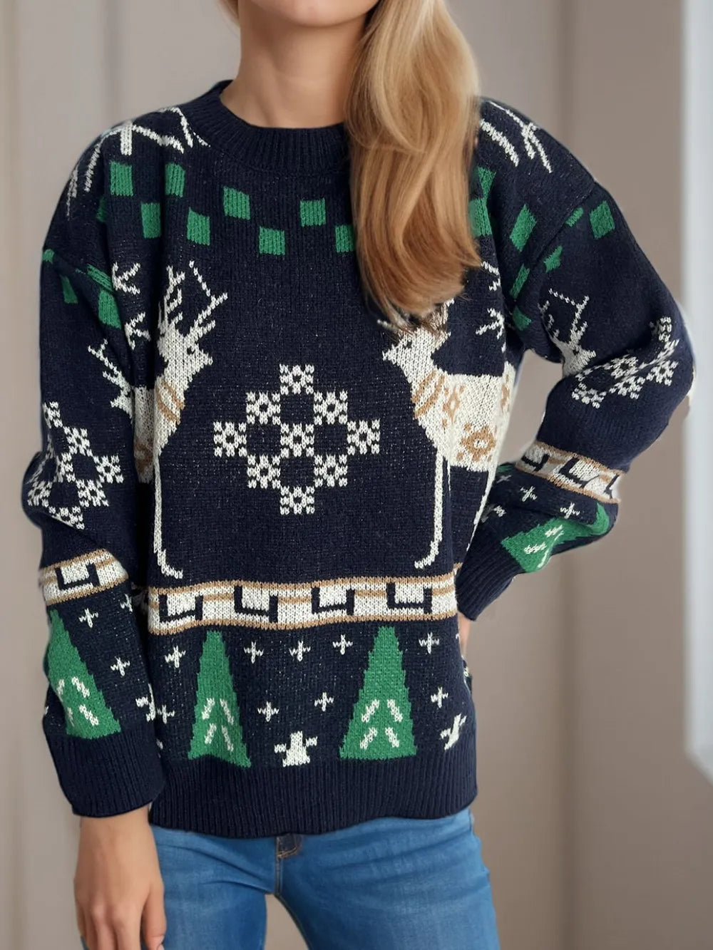 Christmas Element Round Neck Long Sleeve Sweater - Holiday Knitwear