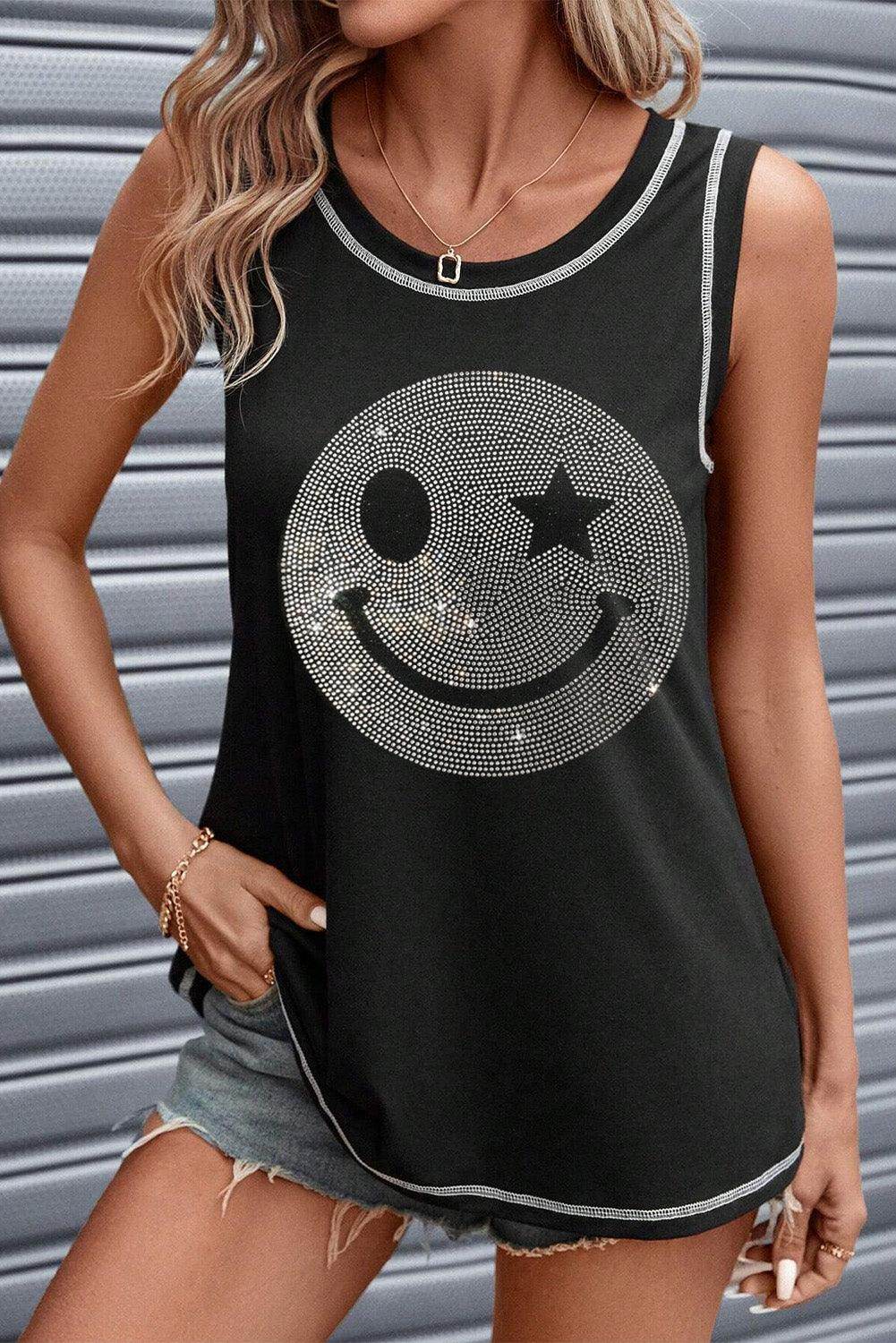 Rhinestone Smile Face Round Neck Tank Top for Women