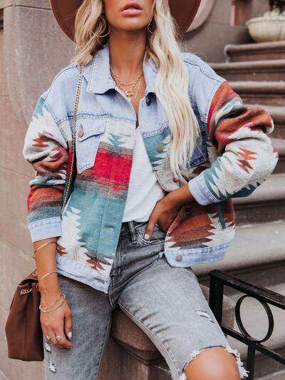 Geometric Button Up Long Sleeve Denim Jacket for Women