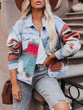 Geometric Button Up Long Sleeve Denim Jacket for Women