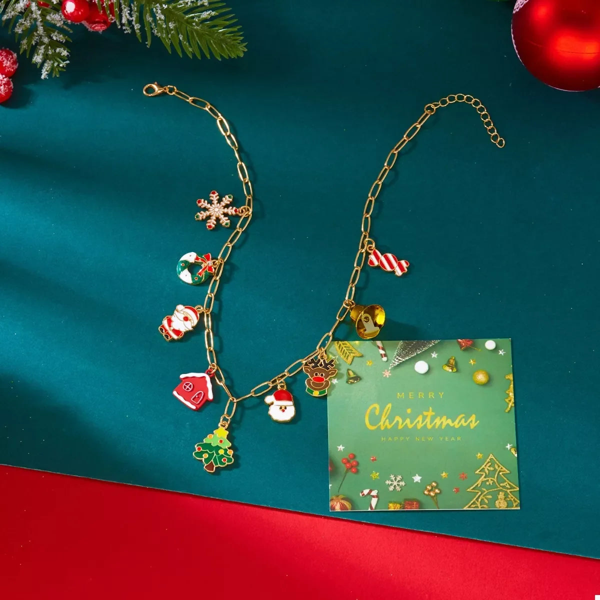 18K Gold-Plated Christmas Charm Necklace - Holiday Jewelry