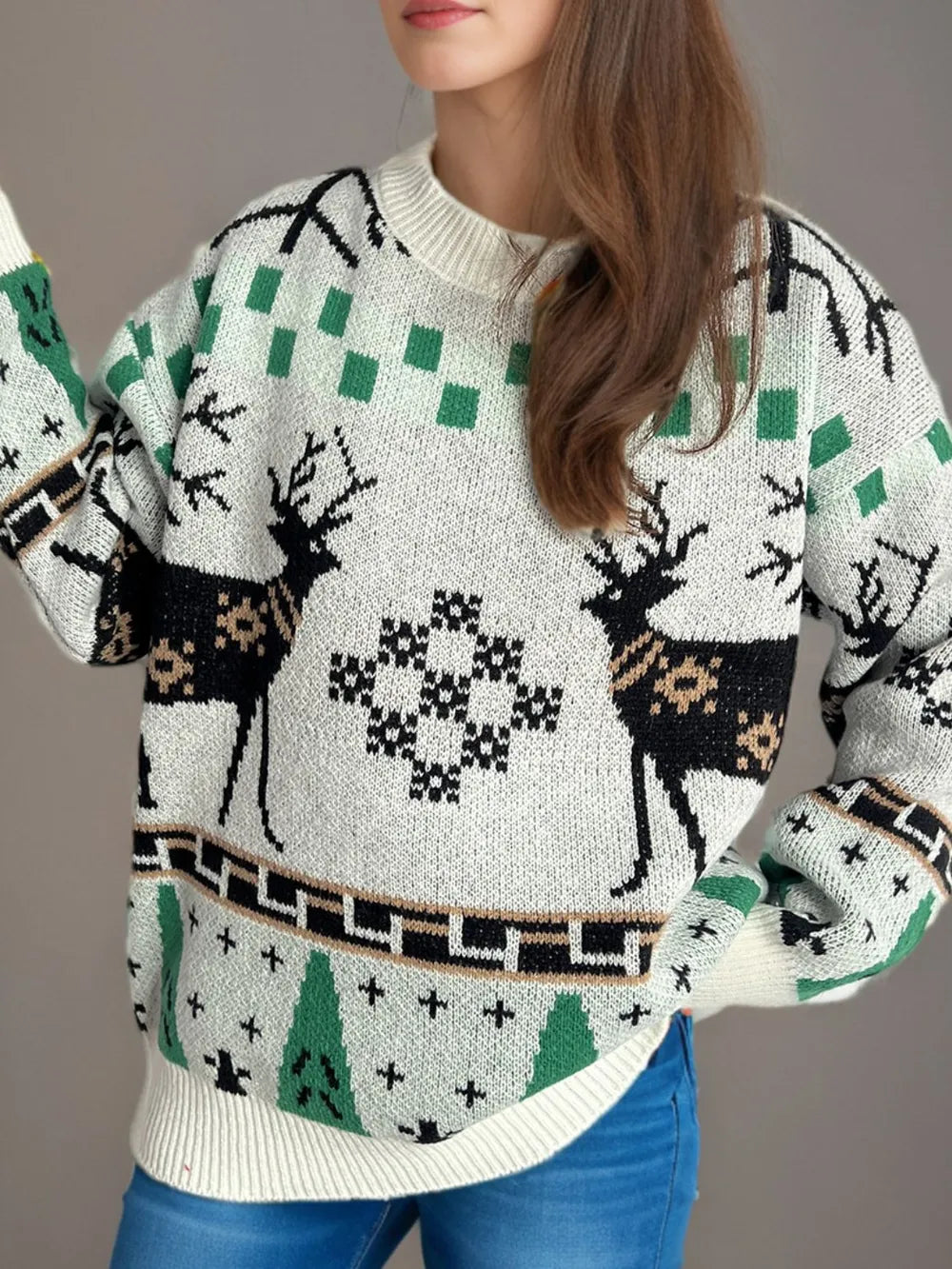Christmas Element Round Neck Long Sleeve Sweater - Holiday Knitwear