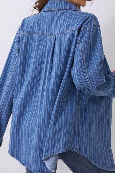 Striped Texture Collared Neck Denim Top for Effortless Style