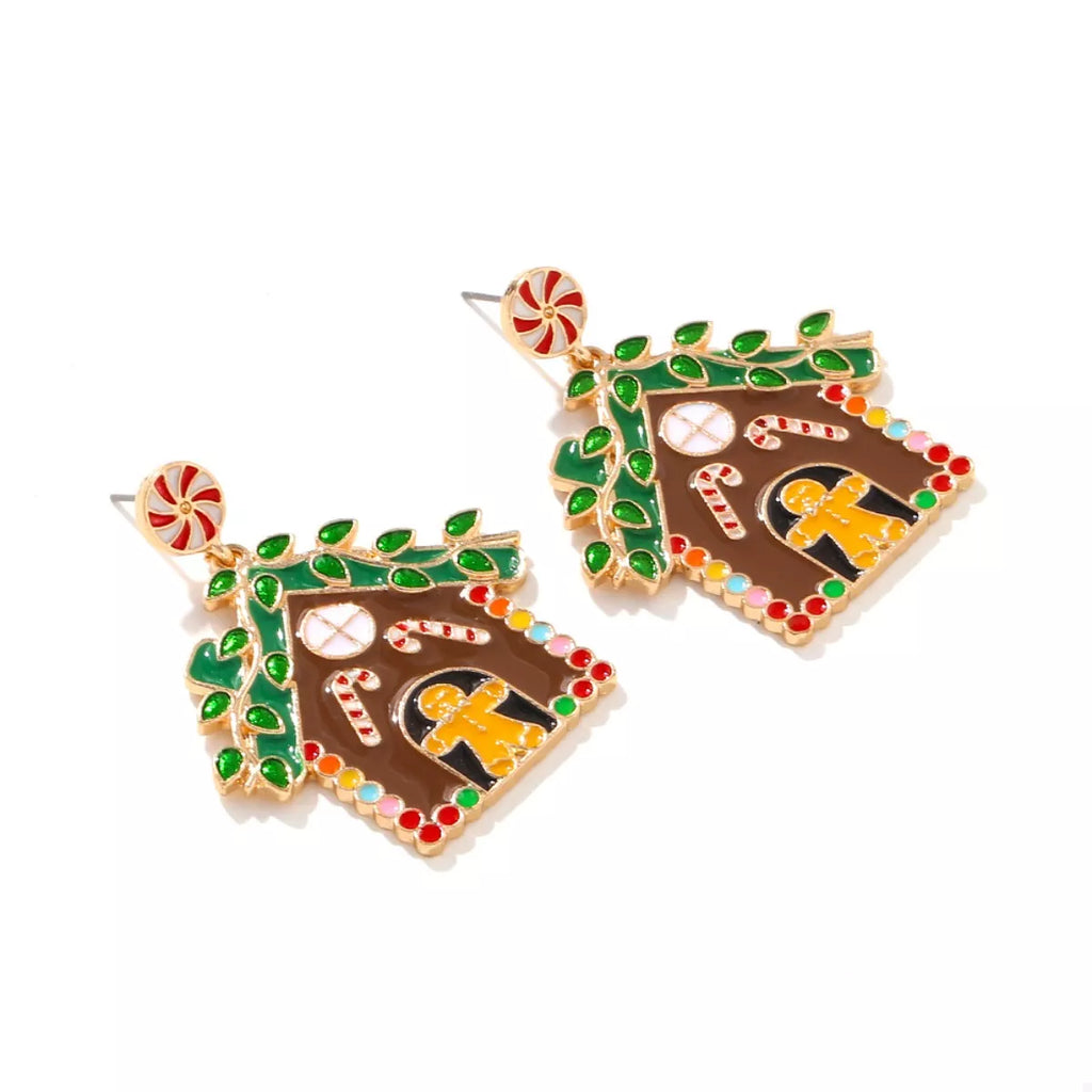 Christmas Gingerbread House Dangle Earrings — Festive Holiday Jewelry