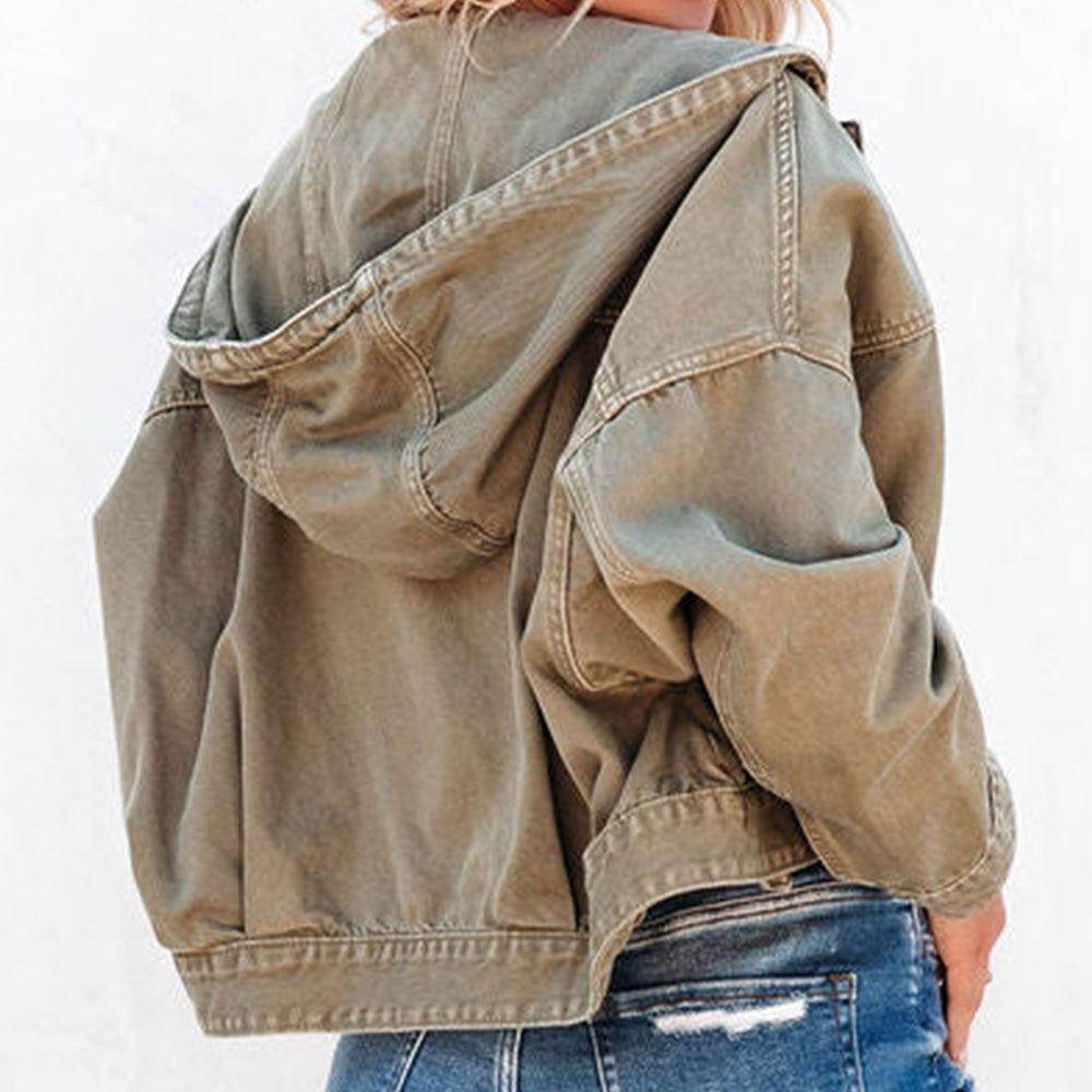 Hooded Dropped Shoulder Denim Jacket for Women Casual Wear