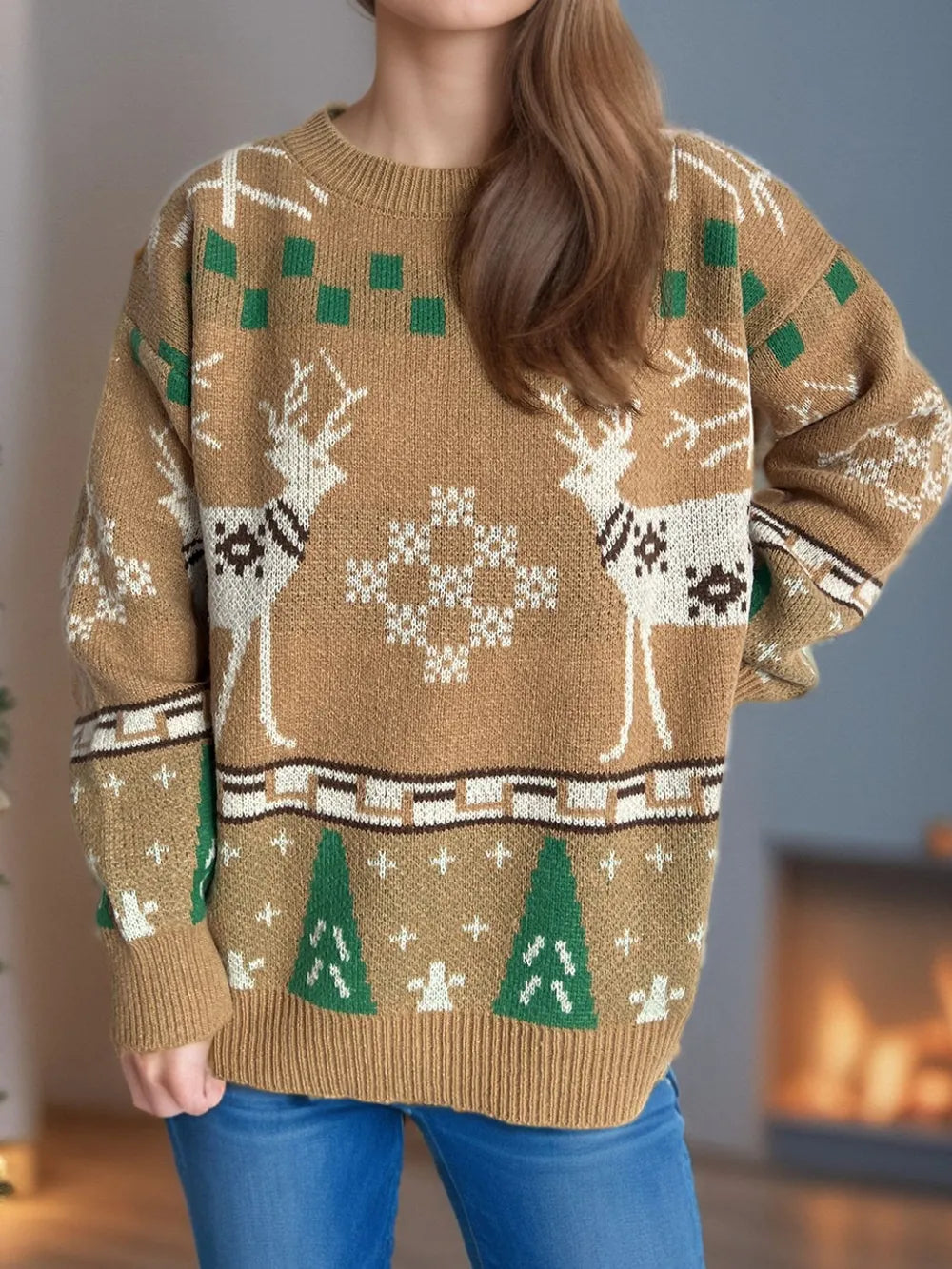 Christmas Element Round Neck Long Sleeve Sweater - Holiday Knitwear