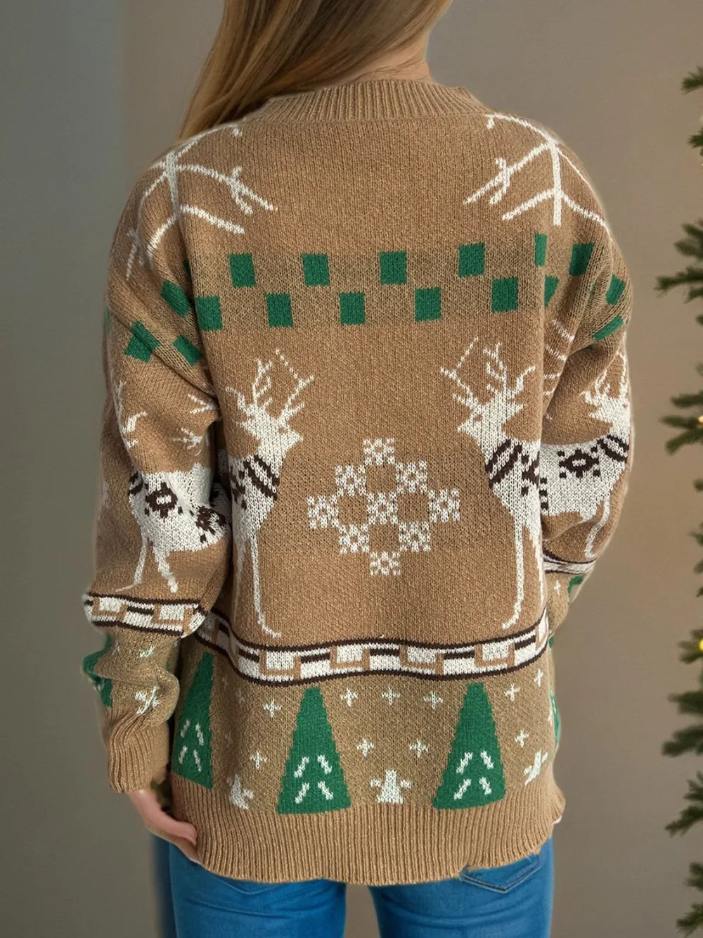 Christmas Element Round Neck Long Sleeve Sweater - Holiday Knitwear