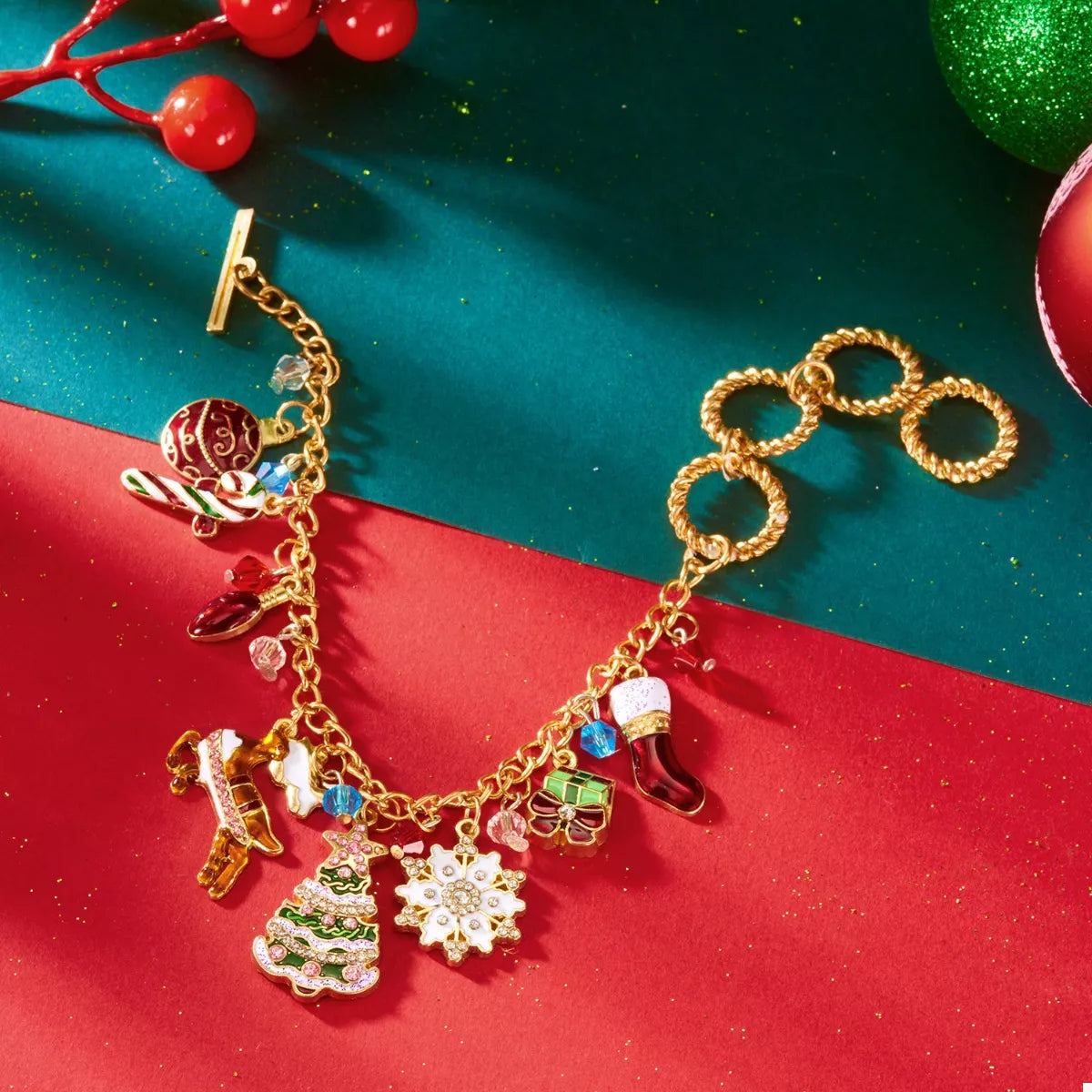 18K Gold-Plated Christmas Charm Bracelet - Holiday Jewelry