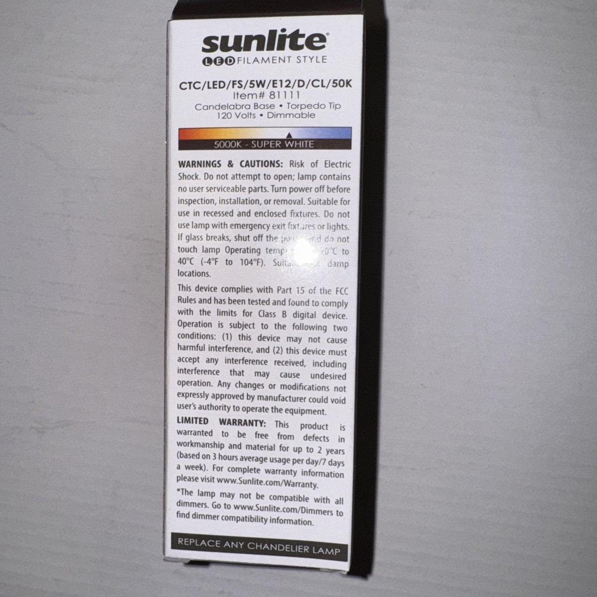 6 Pack Sunlite Chandelier 5 Watt 120v Item Num.81111 LED 650 Lumens Bulb