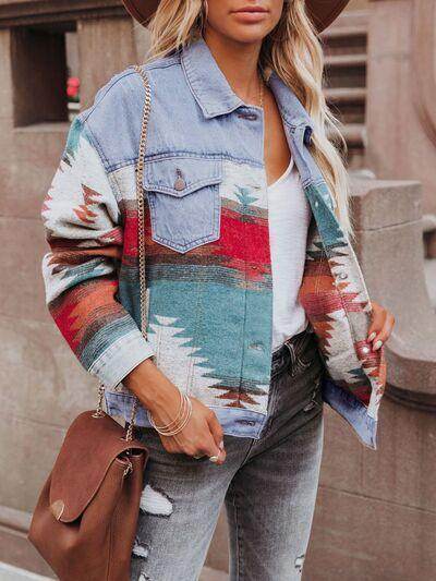 Geometric Button Up Long Sleeve Denim Jacket for Women