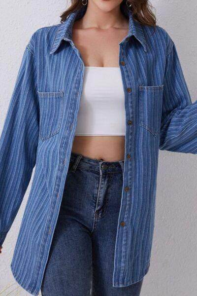 Striped Texture Collared Neck Denim Top for Effortless Style