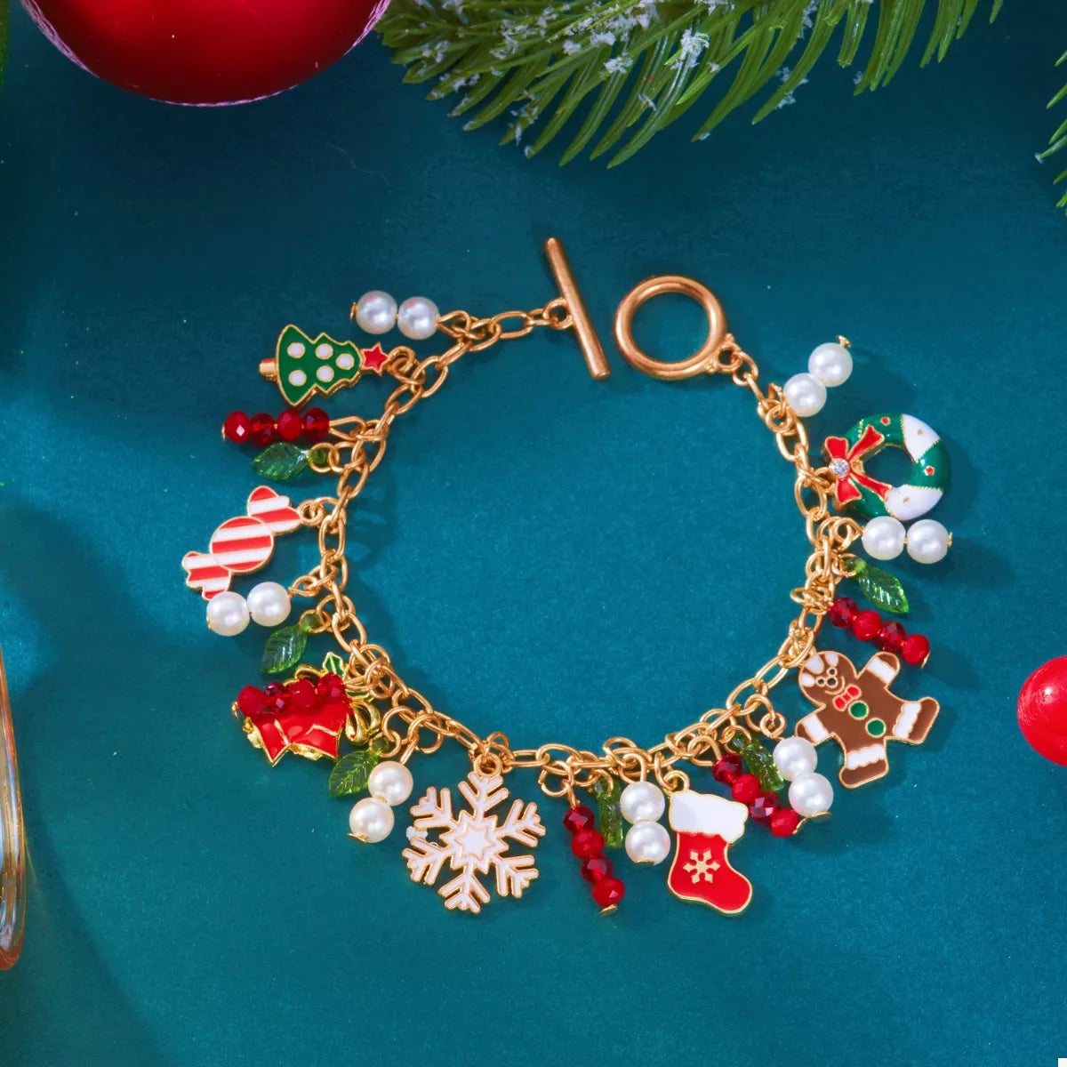 18K Gold-Plated Christmas Charm Bracelet – Festive Holiday Jewelry