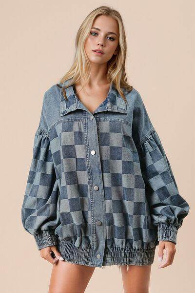 Double Take Checkered Button Up Denim Jacket for All Sizes