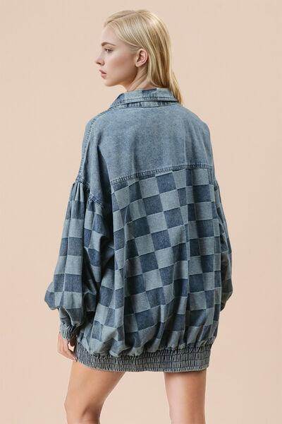Double Take Checkered Button Up Denim Jacket for All Sizes