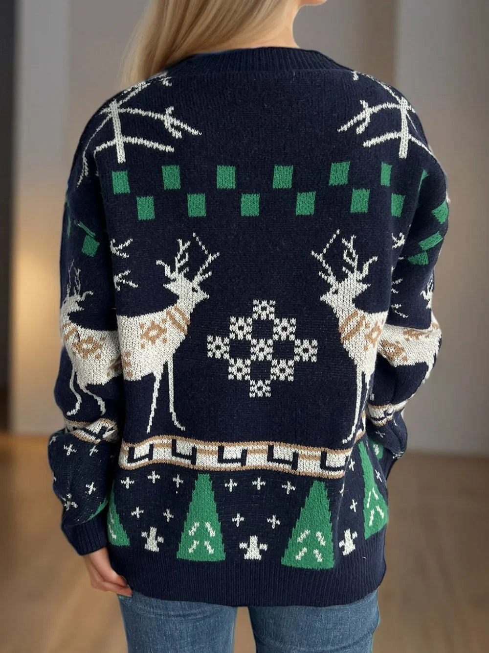 Christmas Element Round Neck Long Sleeve Sweater - Holiday Knitwear