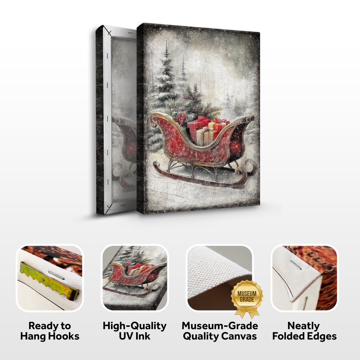 Vintage Christmas Sleigh Sled Wall Art — Rustic Holiday Canvas Print VI