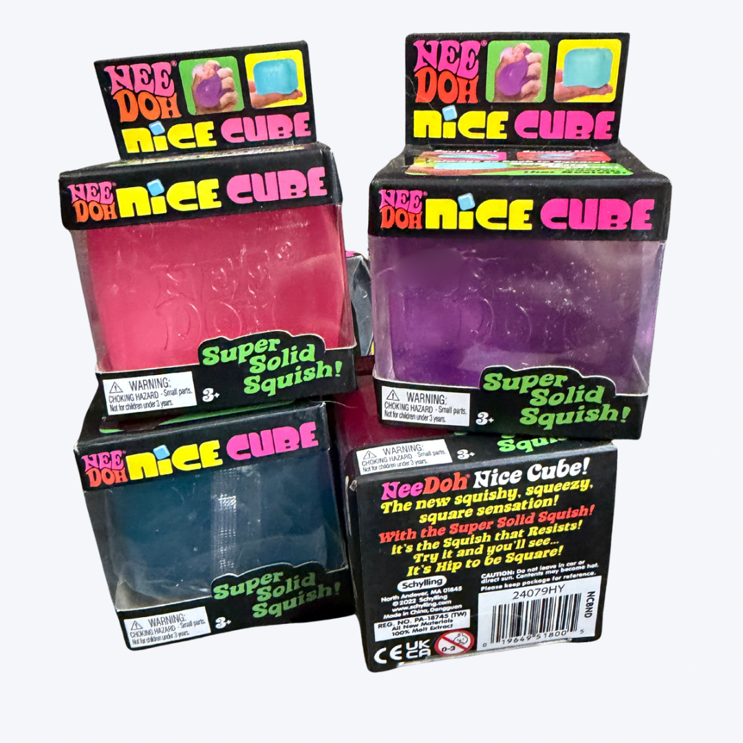 Cube-shaped solid squish toy with logo