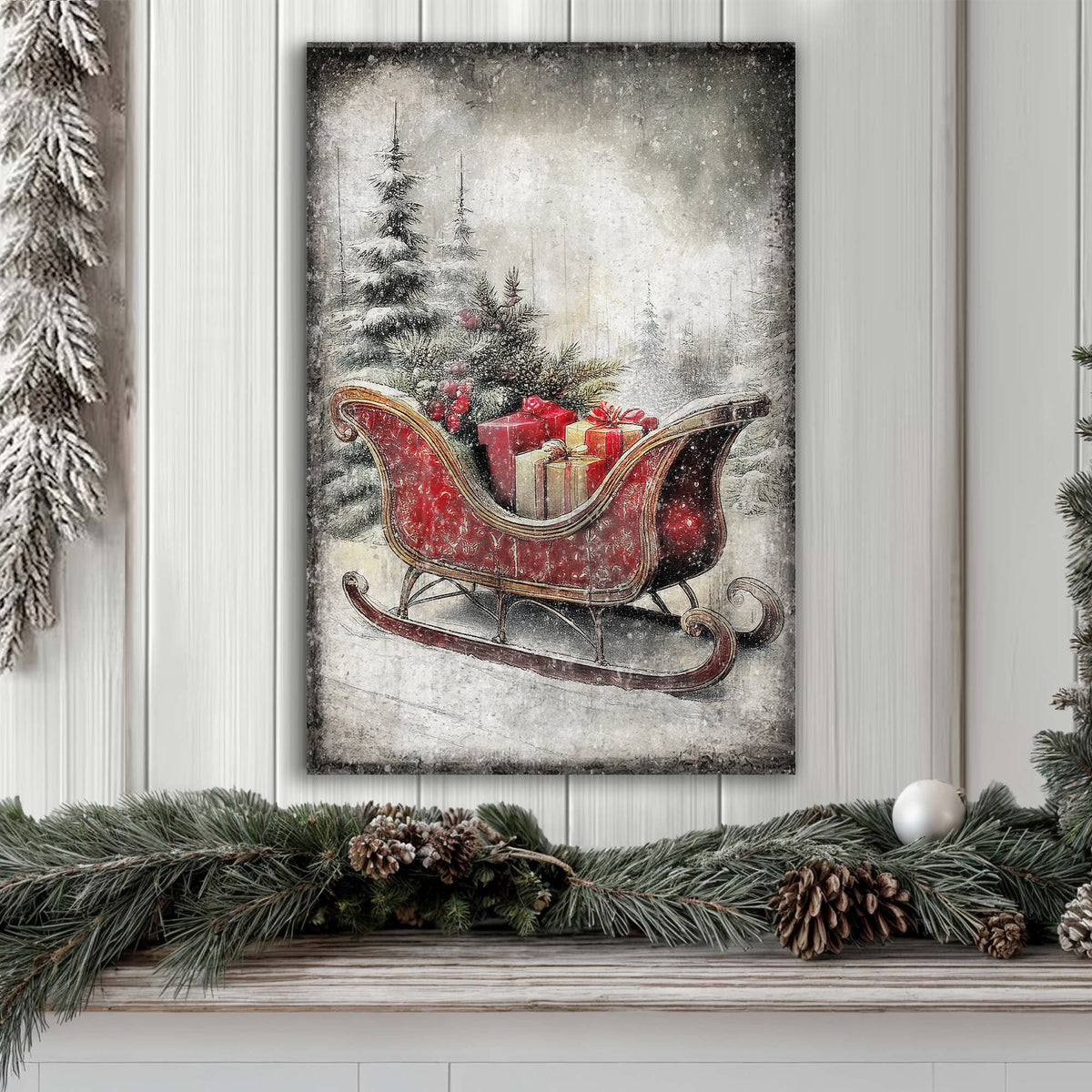 Vintage Christmas Sleigh Sled Wall Art — Rustic Holiday Canvas Print VI