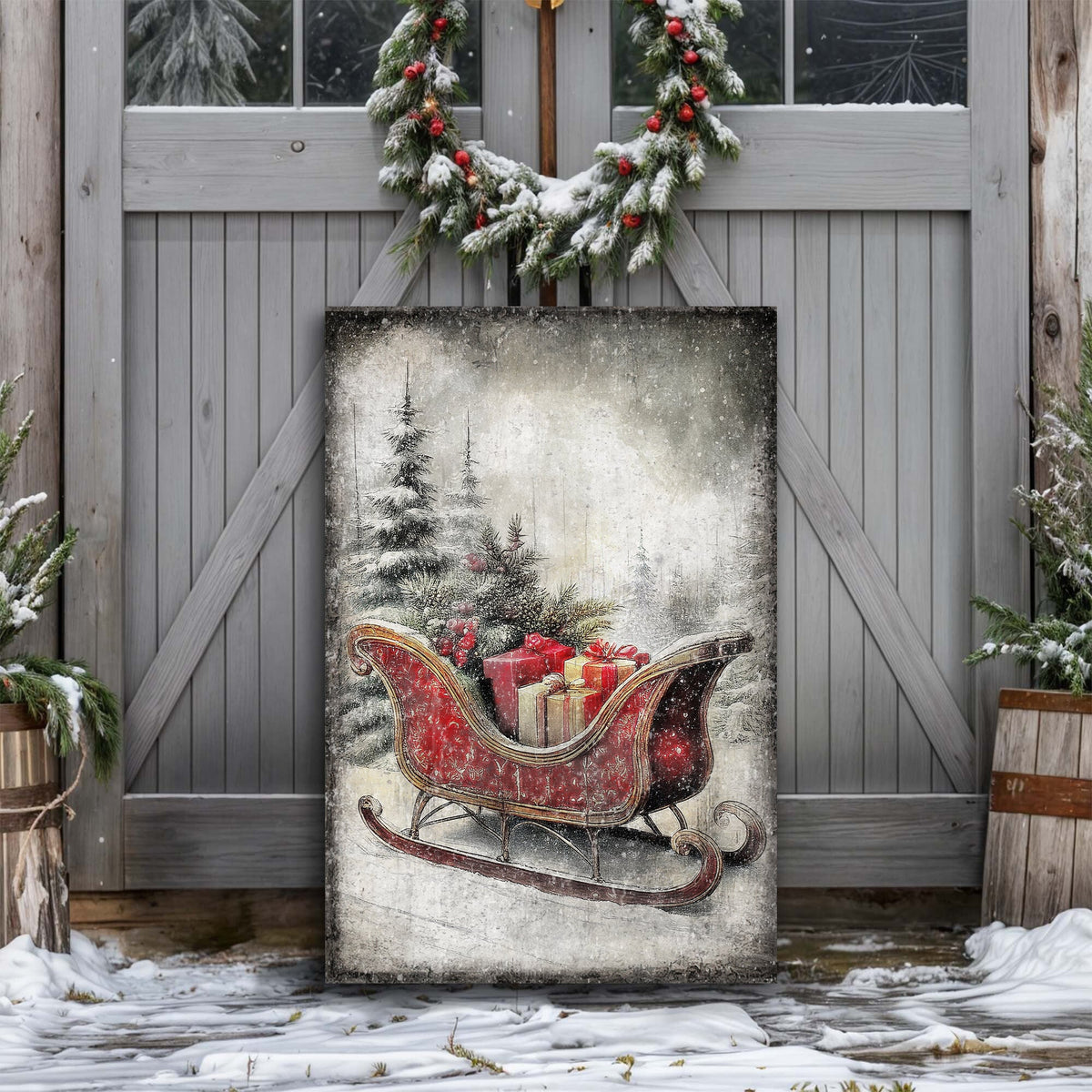 Vintage Christmas Sleigh Sled Wall Art — Rustic Holiday Canvas Print VI