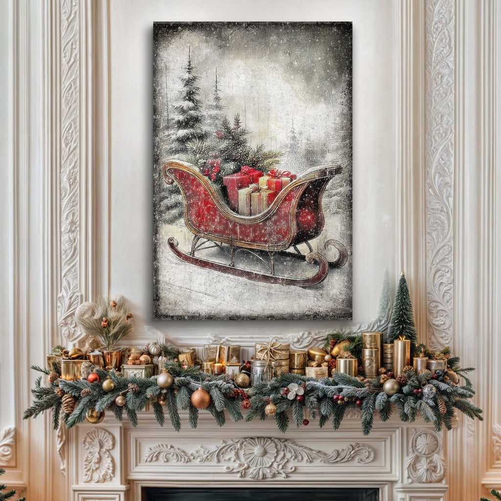 Vintage Christmas Sleigh Sled Wall Art — Rustic Holiday Canvas Print VI