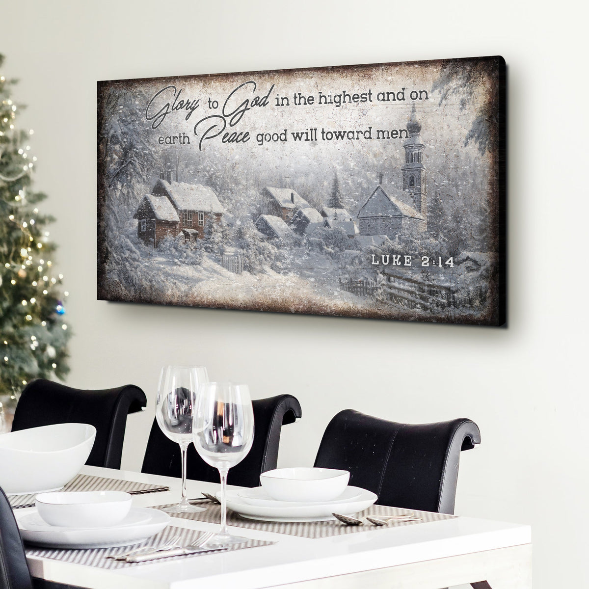 Vintage Christmas Village Luke 2:14 Scripture Sign — Rustic Holiday Canvas II