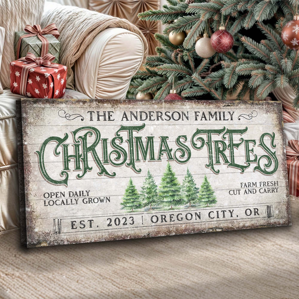 Family Christmas Tree Farm Sign — Rustic Holiday Canvas Decor IV