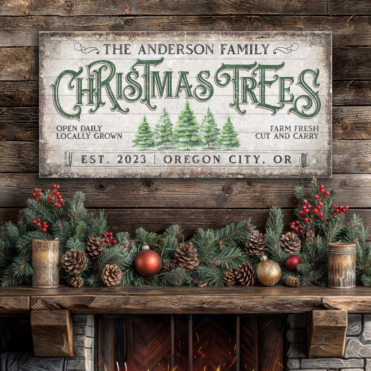 Family Christmas Tree Farm Sign — Rustic Holiday Canvas Decor IV