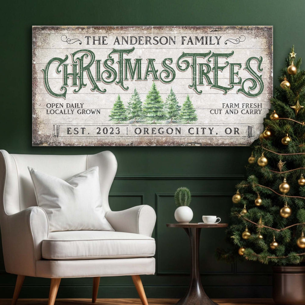 Family Christmas Tree Farm Sign — Rustic Holiday Canvas Decor IV