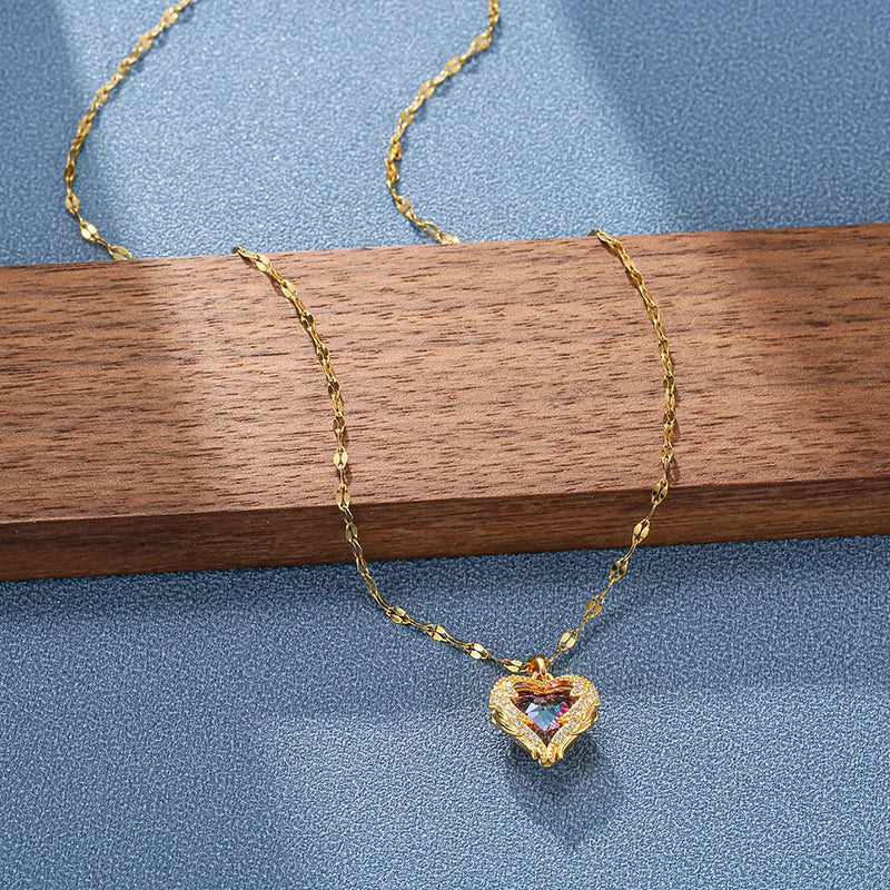 Stainless Steel Crystal Heart Pendant Necklace | Ocean Blue Water-Wave Chain for Women