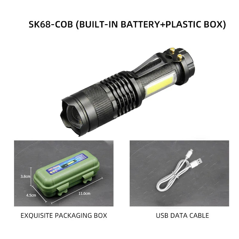Mini XPE COB LED Flashlight | Rechargeable Dual Light Source for Hiking Camping Fishing