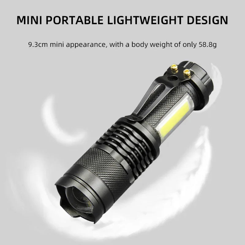 Mini XPE COB LED Flashlight | Rechargeable Dual Light Source for Hiking Camping Fishing