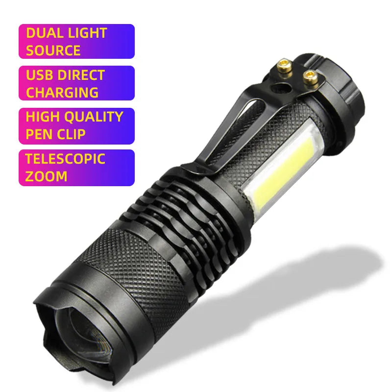 Mini XPE COB LED Flashlight | Rechargeable Dual Light Source for Hiking Camping Fishing