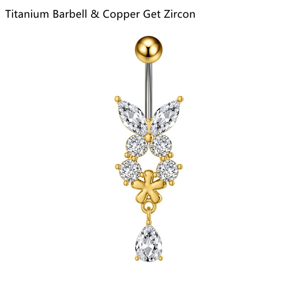 14G Crystal Heart Butterfly Dangle Belly Button Rings CZ Zircon Drop Navel Barbell Belly Rings Body Piercing Jewelry for Women