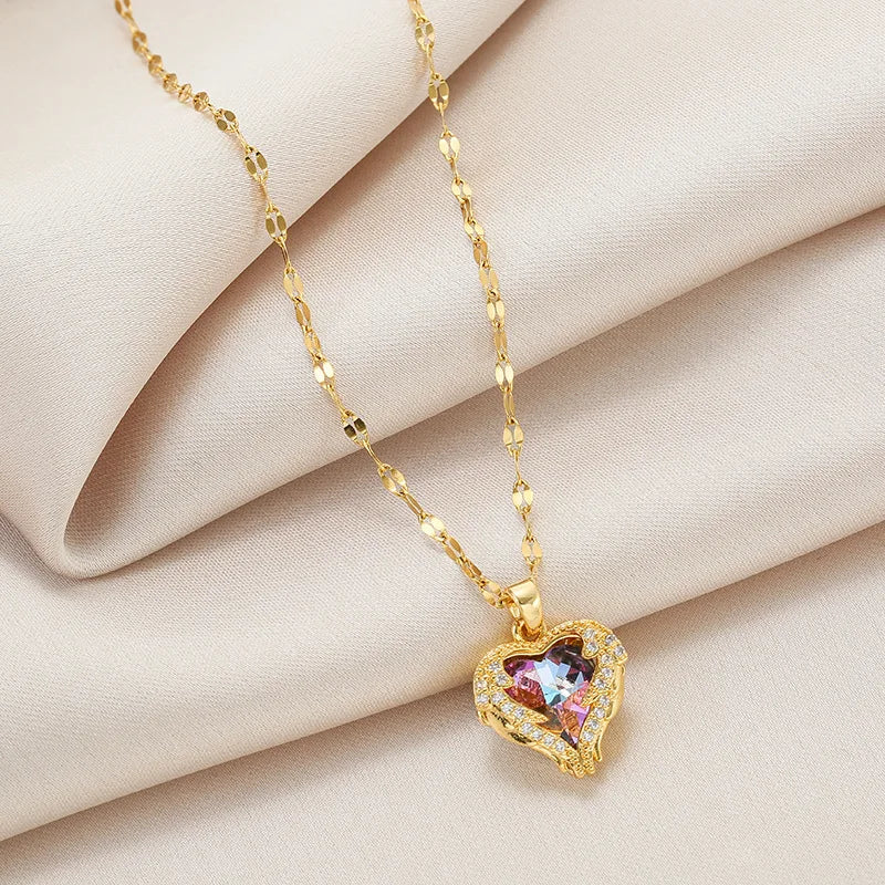 Stainless Steel Crystal Heart Pendant Necklace | Ocean Blue Water-Wave Chain for Women