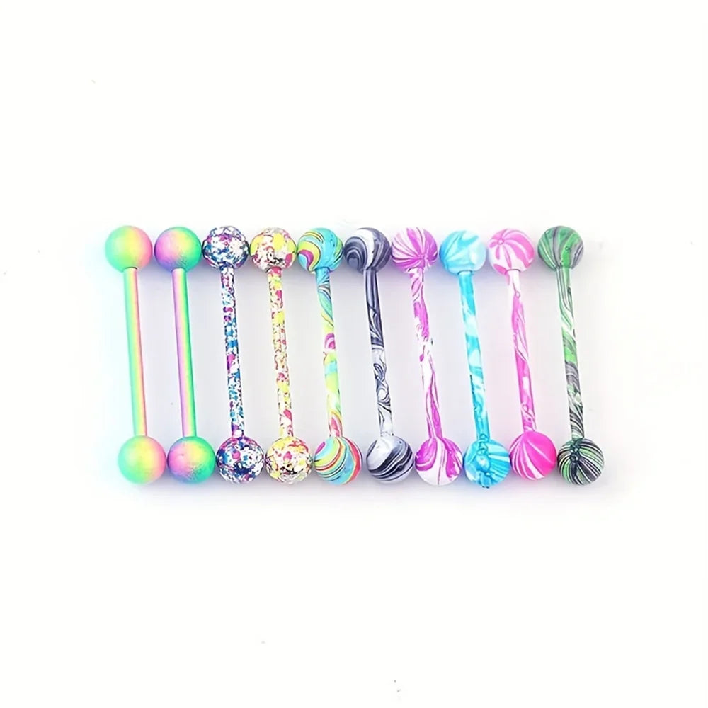 10pcs/set Tongue Rings Barbells Piercing Colorful Stainless Steel Ball Tongue Rings Barbell Bars Piercing Ring Punk For Men Wome