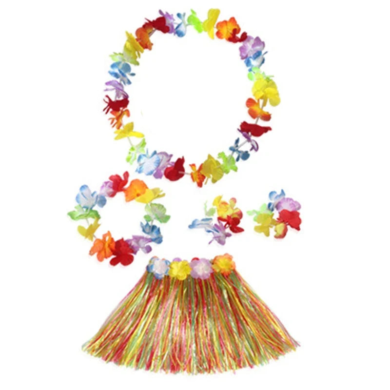 Kids Hawaiian Luau Costume Set | Grass Skirt Lei Flower Bracelets Headband