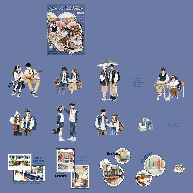 15 Pcs PET Character Sticker Set for Journaling | Die-Cut Scrapbook Decoration Stickers