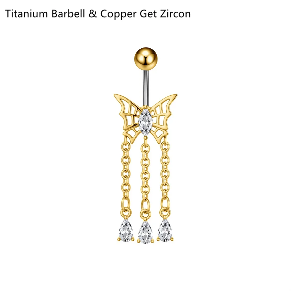 14G Crystal Heart Butterfly Dangle Belly Button Rings CZ Zircon Drop Navel Barbell Belly Rings Body Piercing Jewelry for Women