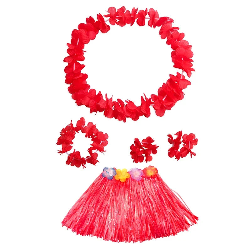 Kids Hawaiian Luau Costume Set | Grass Skirt Lei Flower Bracelets Headband