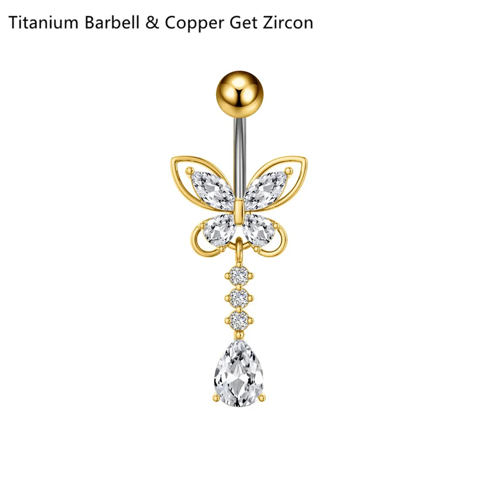 14G Crystal Heart Butterfly Dangle Belly Button Rings CZ Zircon Drop Navel Barbell Belly Rings Body Piercing Jewelry for Women