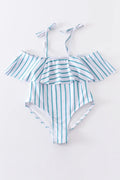 Blue stripe strap girl swimsuit one piece