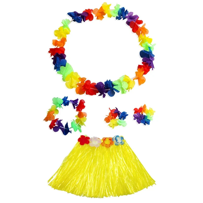 Kids Hawaiian Luau Costume Set | Grass Skirt Lei Flower Bracelets Headband