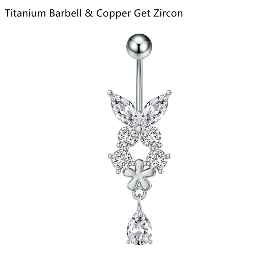 14G Crystal Heart Butterfly Dangle Belly Button Rings CZ Zircon Drop Navel Barbell Belly Rings Body Piercing Jewelry for Women