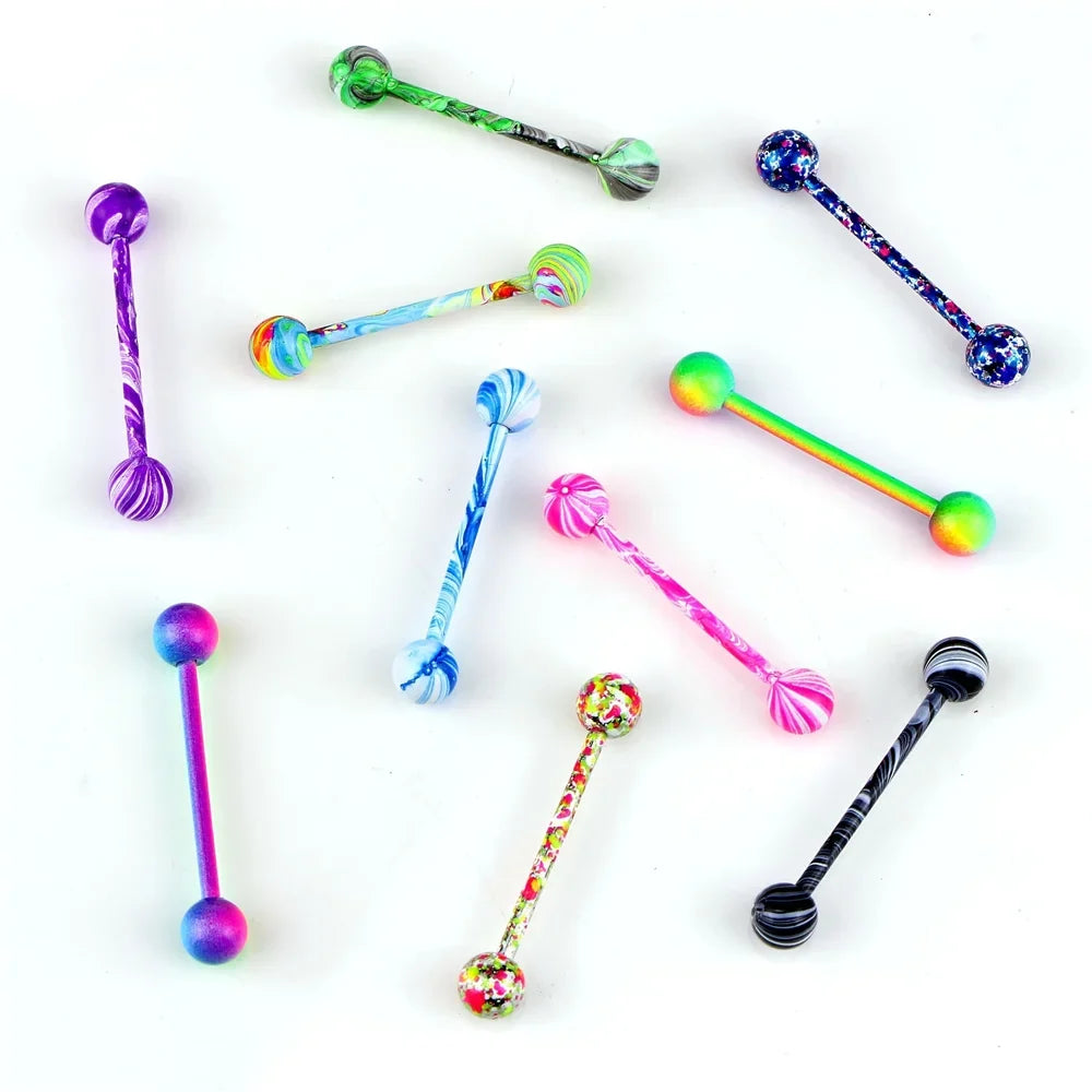10pcs/set Tongue Rings Barbells Piercing Colorful Stainless Steel Ball Tongue Rings Barbell Bars Piercing Ring Punk For Men Wome
