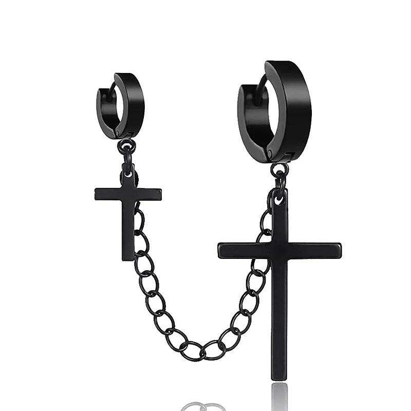 Punk Cross Pendant Clip Earring | Unisex Metal Chain Tassel Ear Cuff
