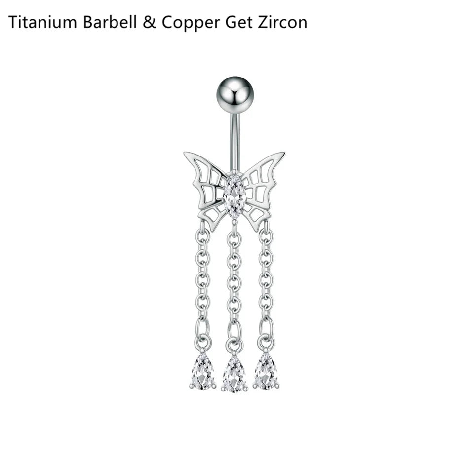 14G Crystal Heart Butterfly Dangle Belly Button Rings CZ Zircon Drop Navel Barbell Belly Rings Body Piercing Jewelry for Women