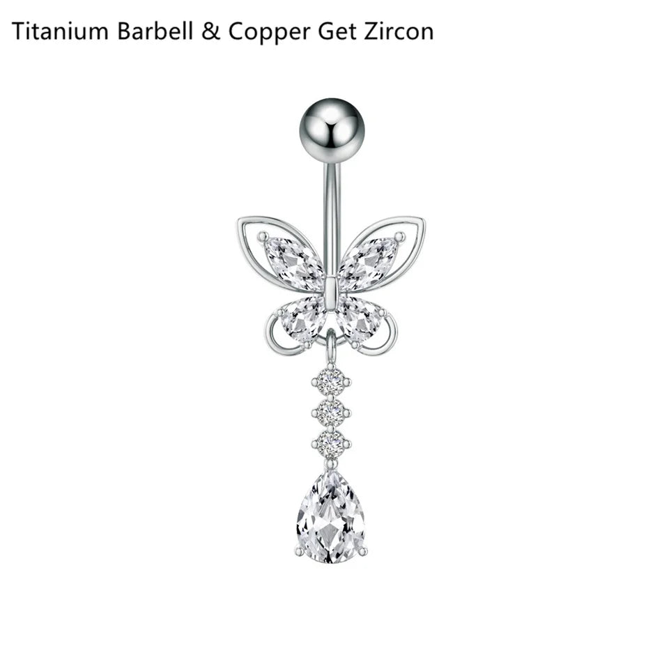 14G Crystal Heart Butterfly Dangle Belly Button Rings CZ Zircon Drop Navel Barbell Belly Rings Body Piercing Jewelry for Women