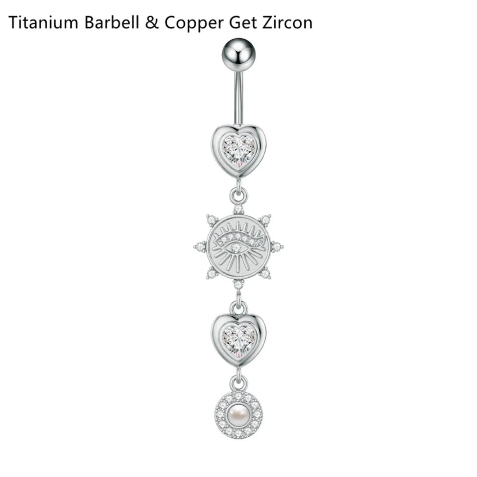 14G Crystal Heart Butterfly Dangle Belly Button Rings CZ Zircon Drop Navel Barbell Belly Rings Body Piercing Jewelry for Women