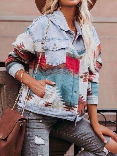 Geometric Button Up Long Sleeve Denim Jacket for Women