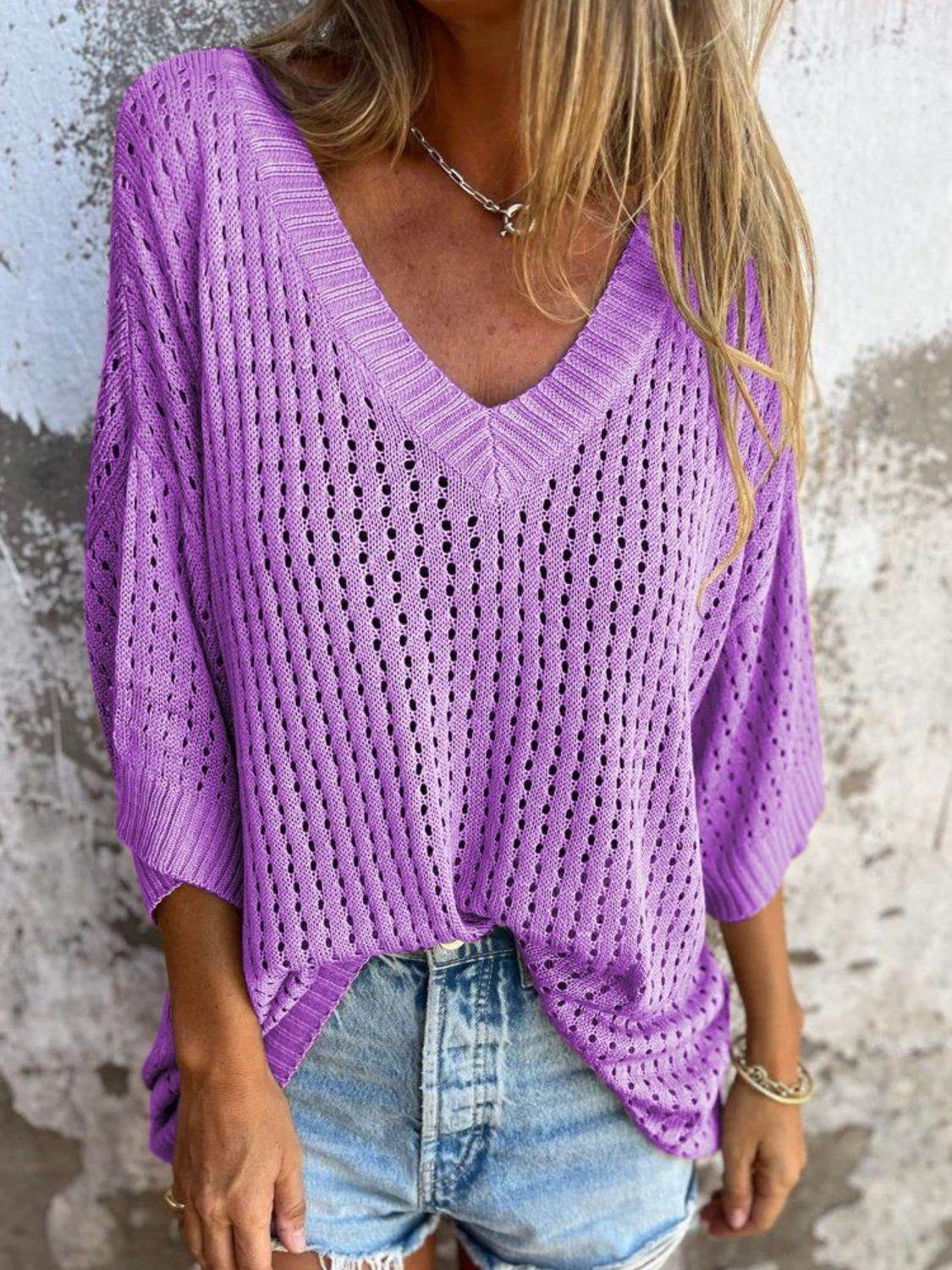 Full Size Openwork V-Neck Knit Cover Up Plus Size